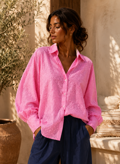 Chemise brodée SATCHI framboise - Coton - HORTENCE