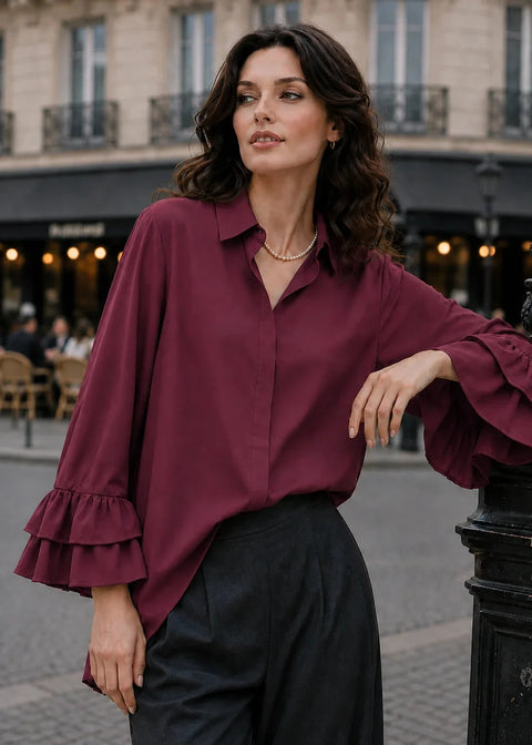 Burgundy shirt with double ruffle sleeves