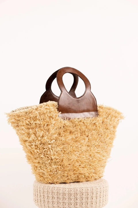 Sac ROMY Chatain - Raphia naturel et cuir