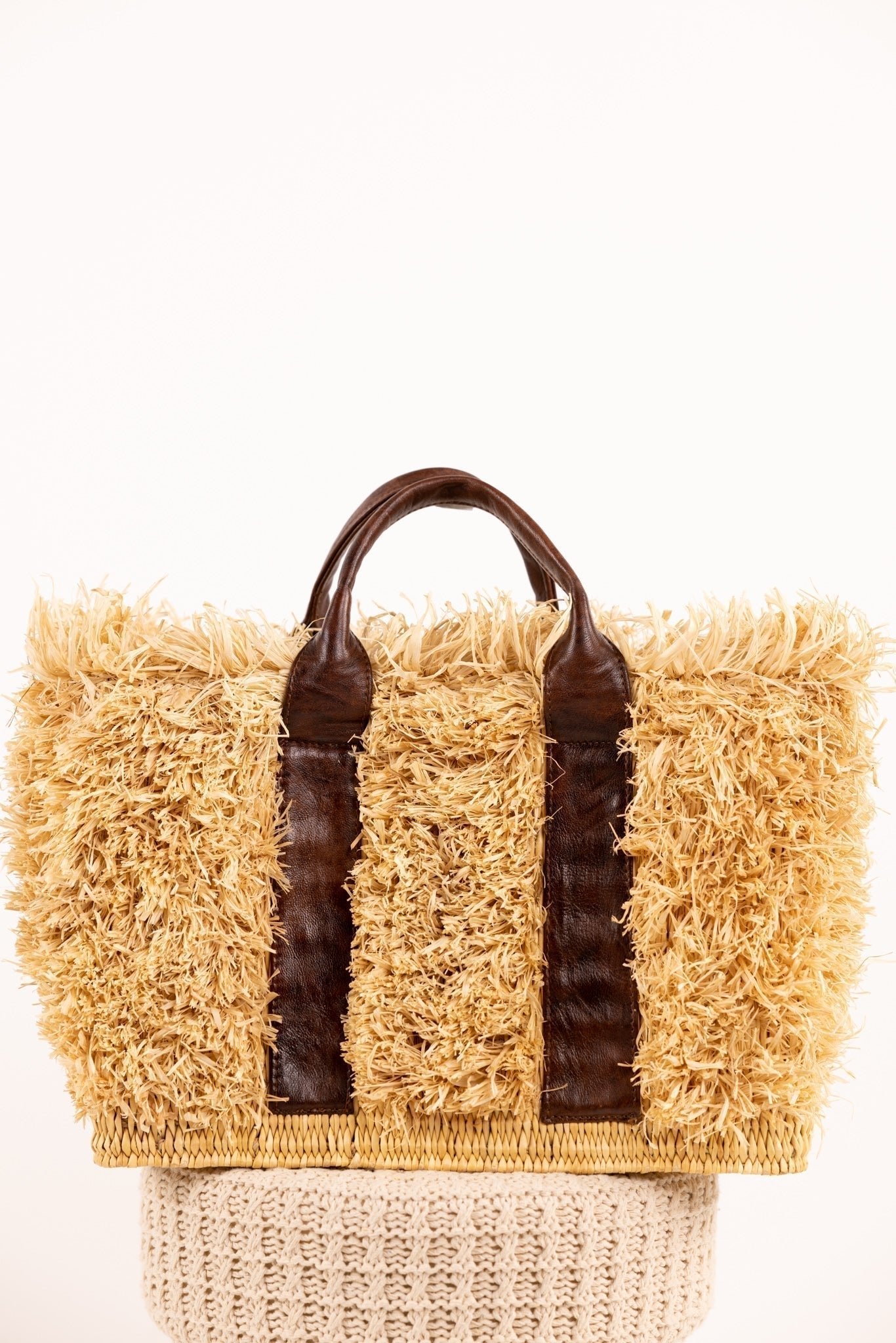 Sac ZOEY - Raphia naturel et cuir - Noir - HORTENCE