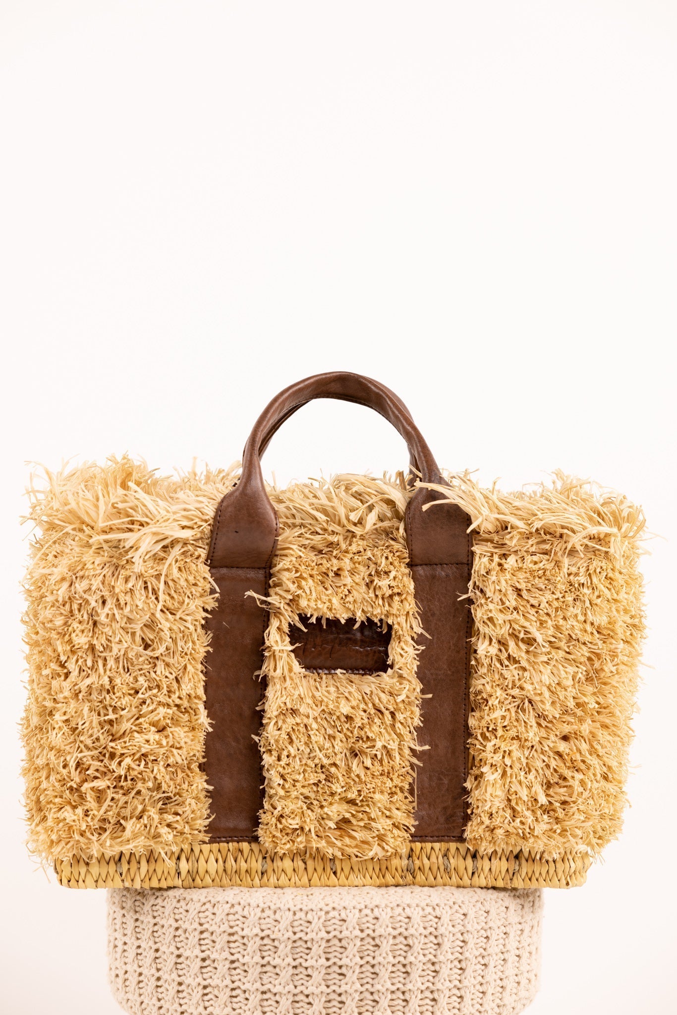 ZOEY bag - Natural raffia and leather - Chestnut