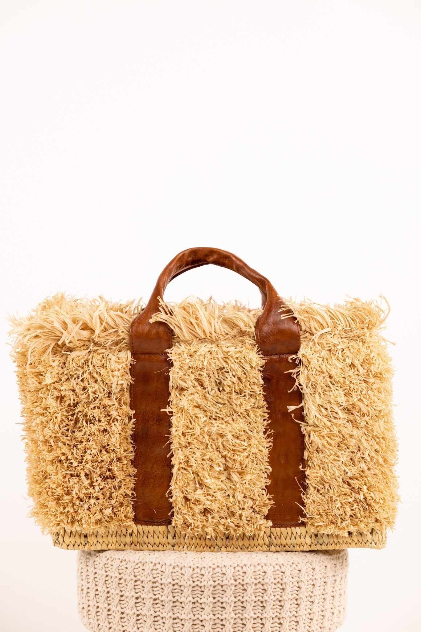 ZOEY bag - Natural raffia and leather - Chestnut