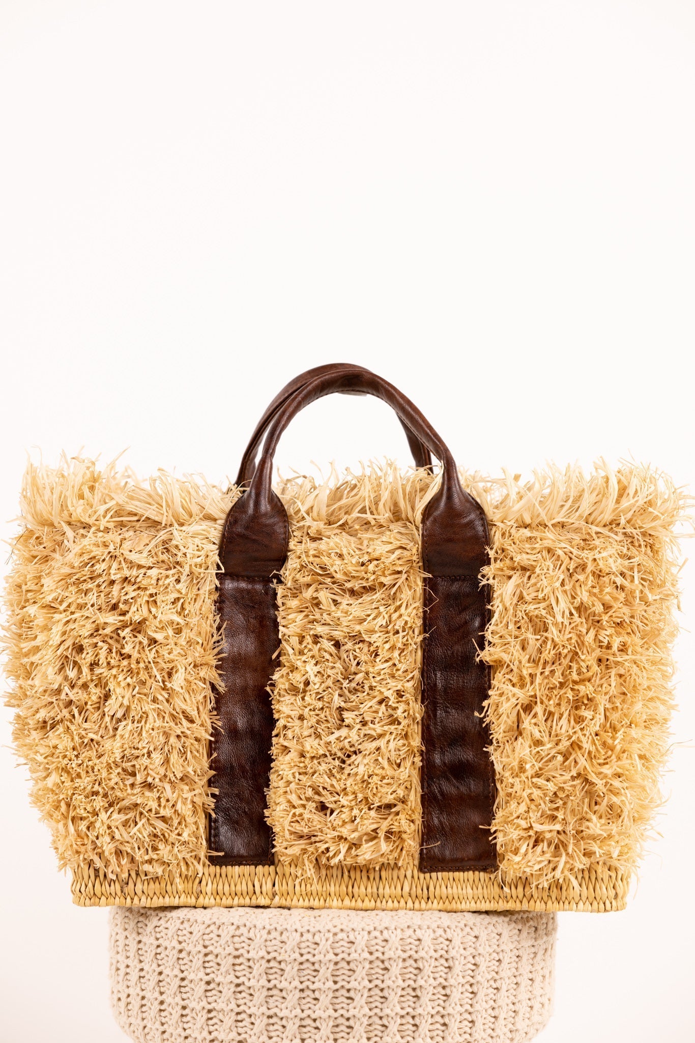 ZOEY bag - Natural raffia and leather - Chestnut