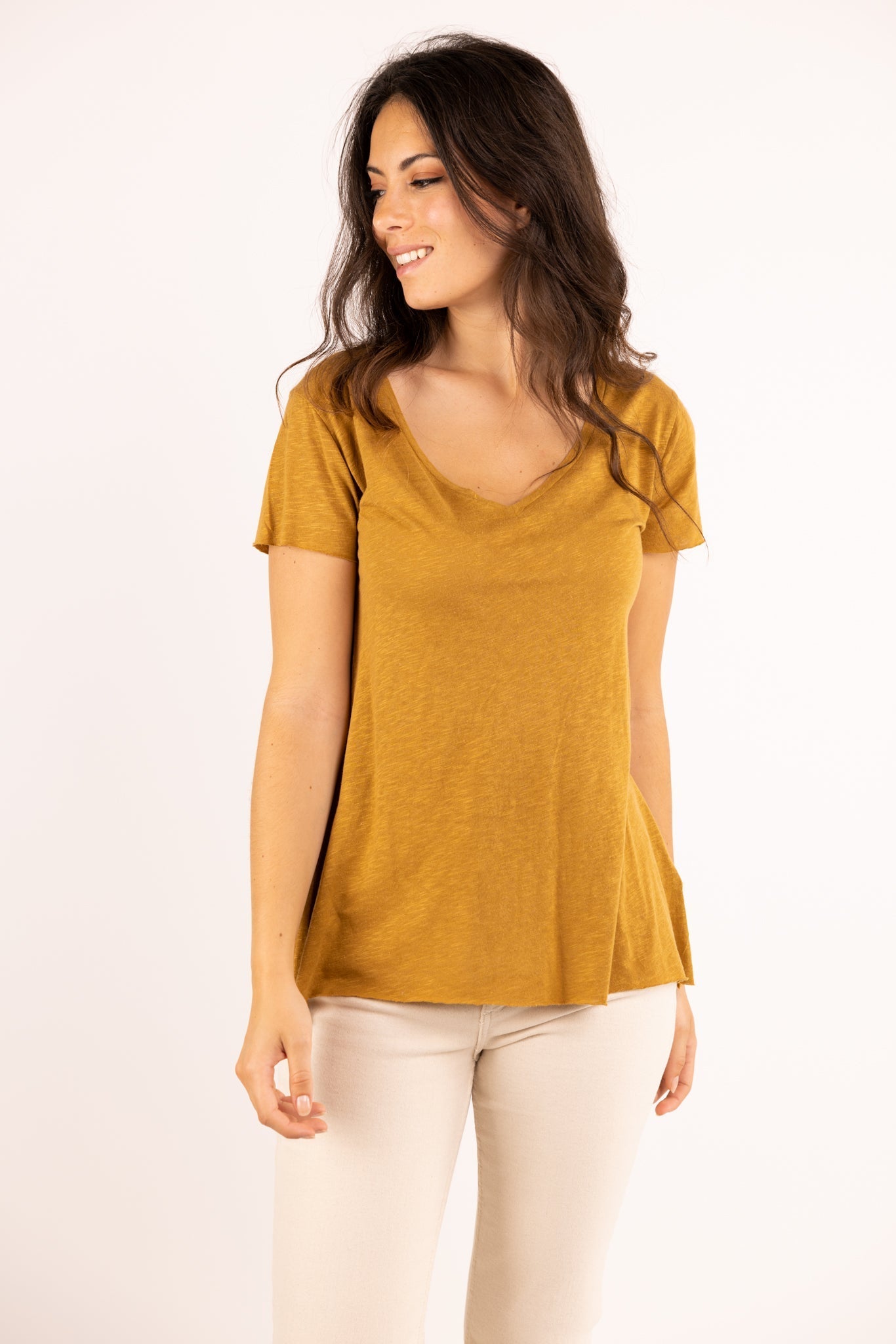 yellow scoop neck t shirt