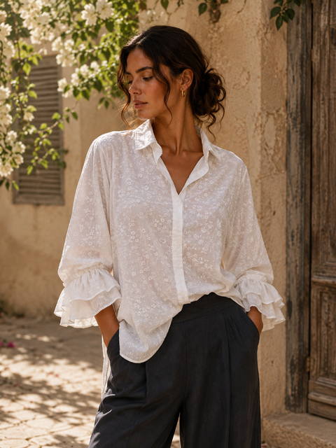 Chemise brodée STELLA blanc - Coton - HORTENCE