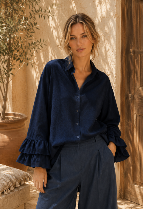 Chemise brodée STELLA marine - Coton - HORTENCE