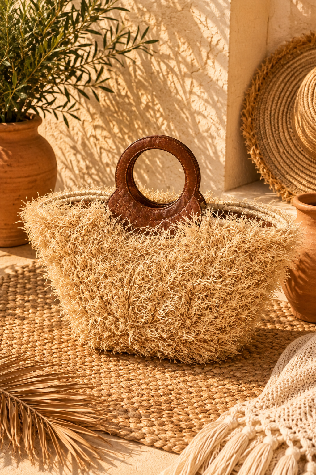 ROMY Bag Chestnut - Natural Raffia & Leather