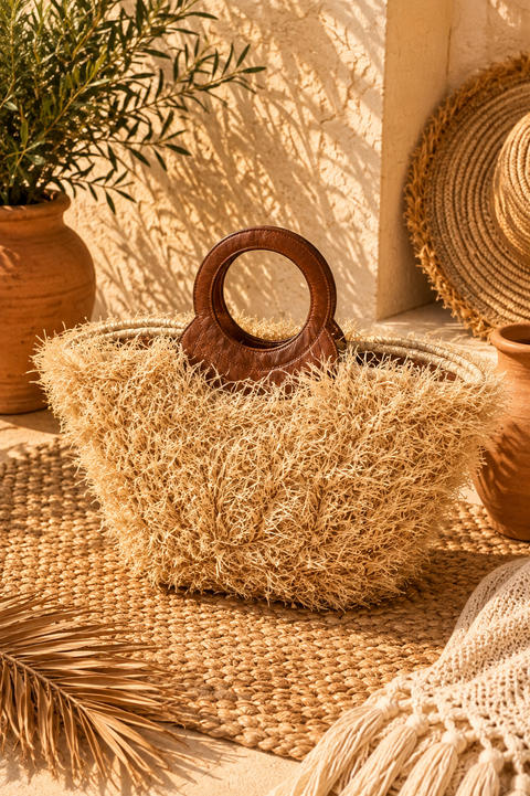 ROMY Gold Bag - Natural Raffia & Leather