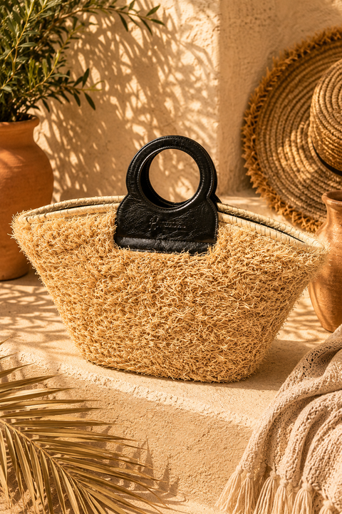 ROMY Bag Black - Natural Raffia & Leather