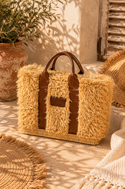 ZOEY Bag Cognac - Natural Raffia & Leather