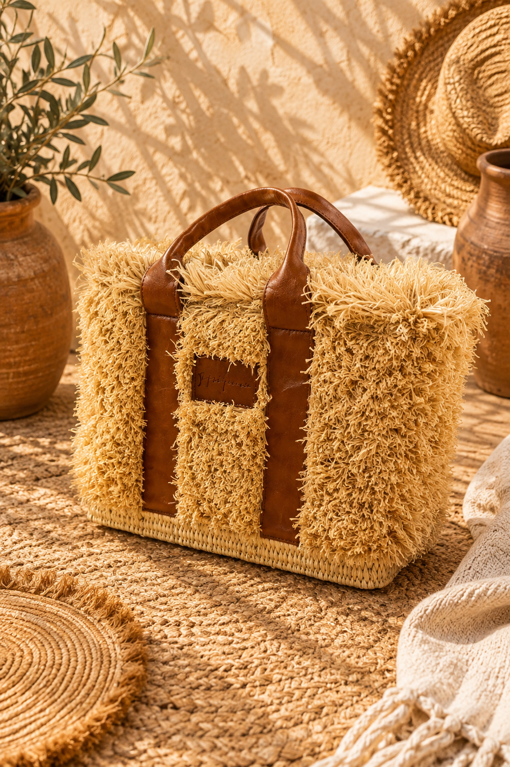 ZOEY Bag Cognac - Natural Raffia & Leather
