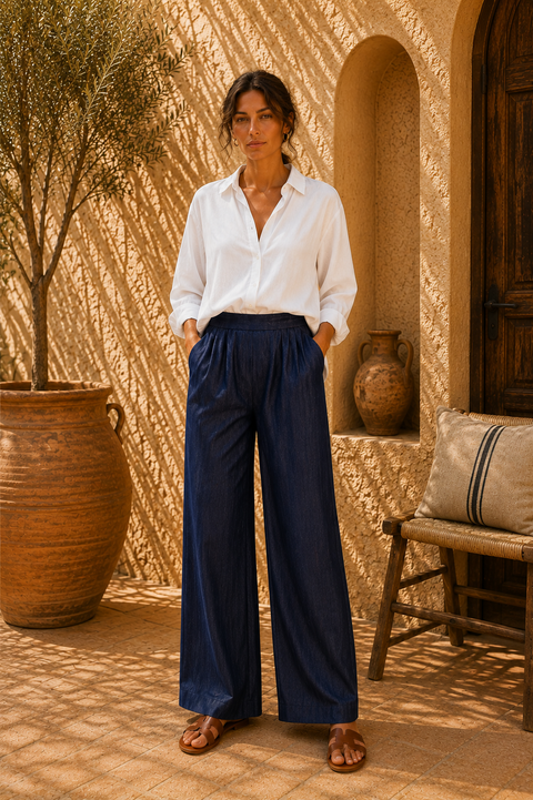 Pantalon ANGE Bleu porté - Tencel - HORTENCE PARIS