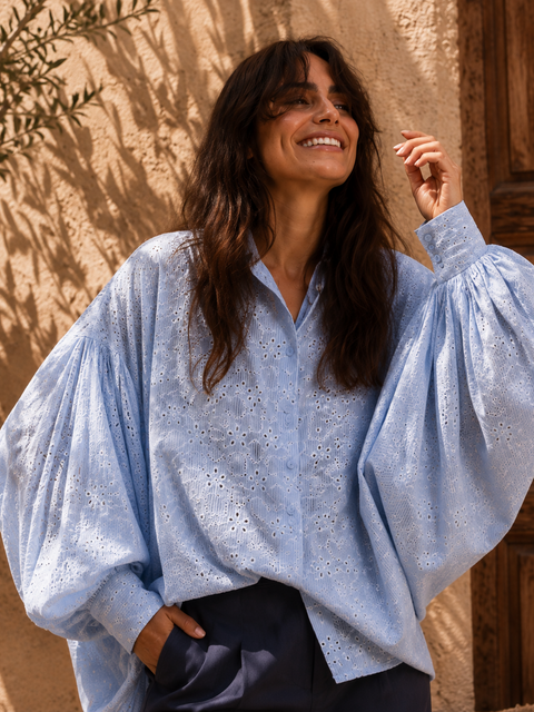 Chemise brodée SATCHI bleu ciel - Voile de coton - HORTENCE