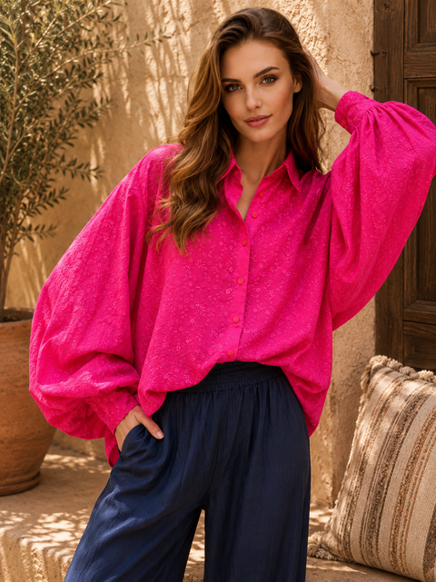 Chemise brodée SATCHI fuschia - Coton - HORTENCE