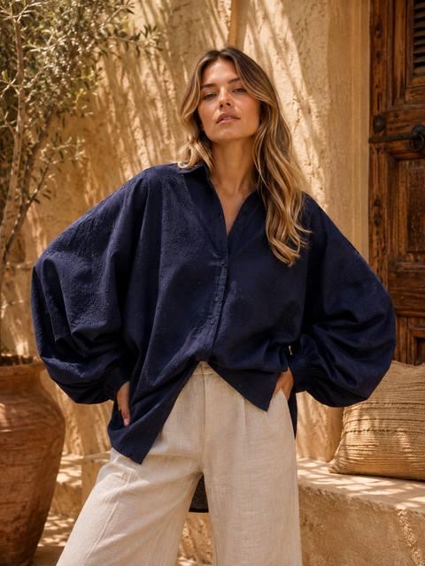 Chemise brodée SATCHI bleu marine - Voile de coton - HORTENCE