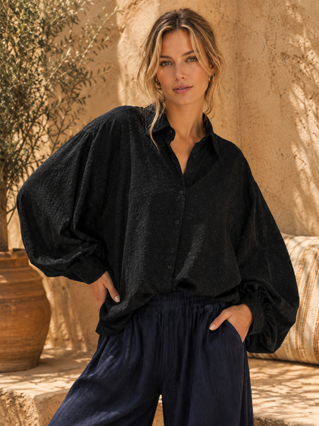 Chemise brodée SATCHI noire - Coton - HORTENCE
