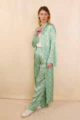 Robe - Kimono MONA green flowers - 100 % Soie