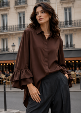 Chocolate brown shirt with double ruffle sleeves