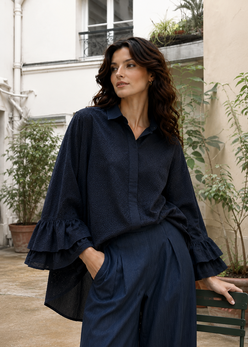 Navy  embroidered shirt with double ruffle sleeves 