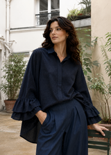 Navy  embroidered shirt with double ruffle sleeves 