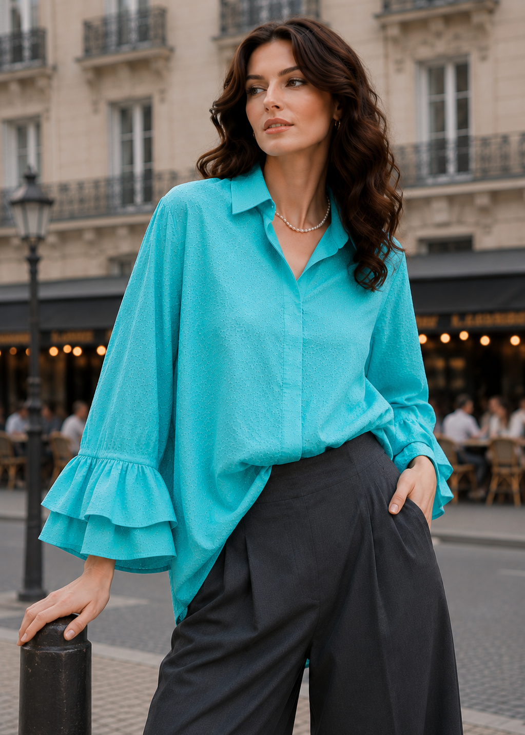 Turquoise blue shirt with double ruffle sleeves