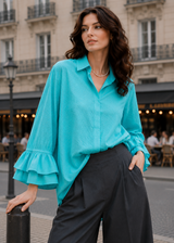 Turquoise blue shirt with double ruffle sleeves