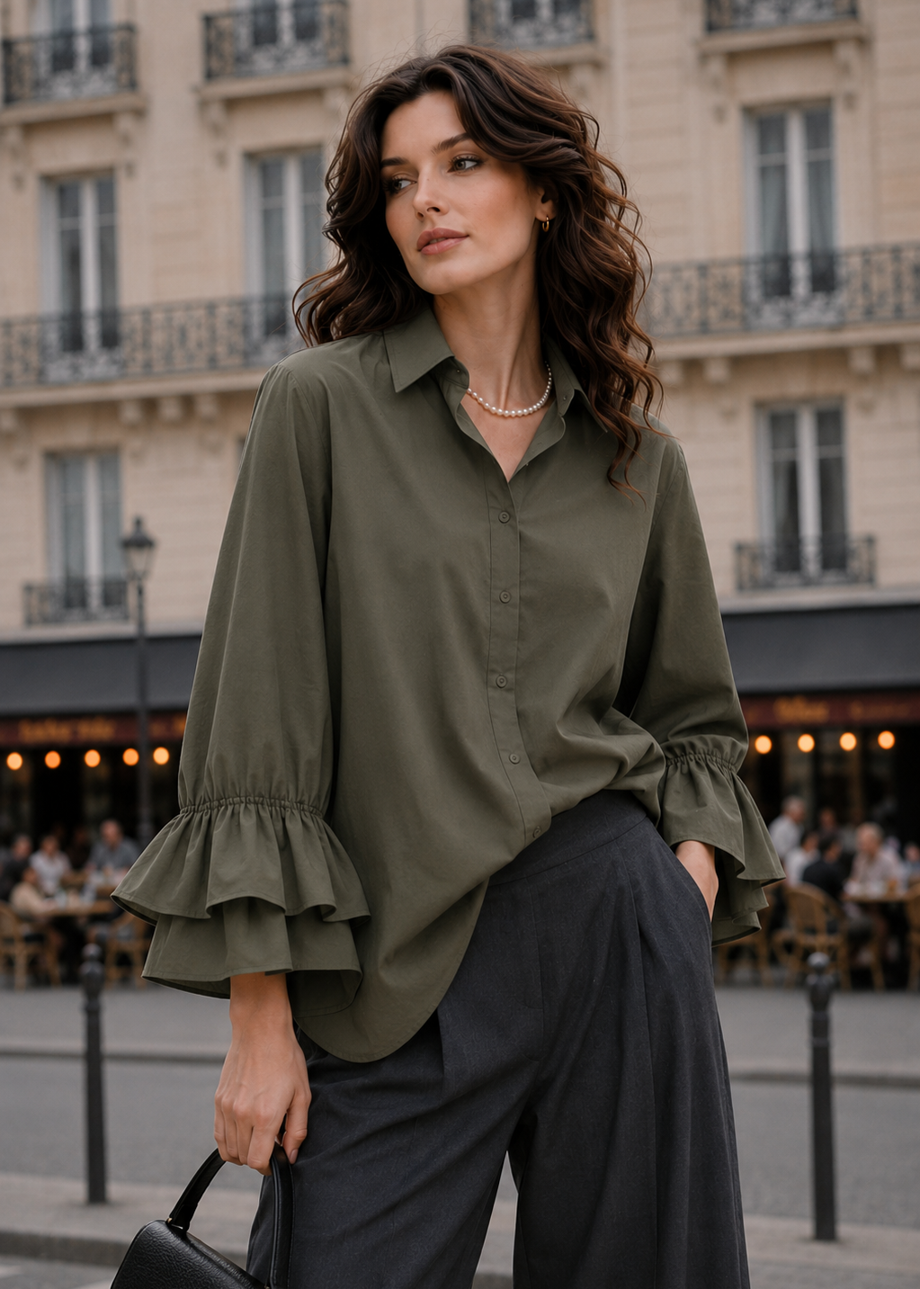 Kaki shirt with double ruffle sleeves