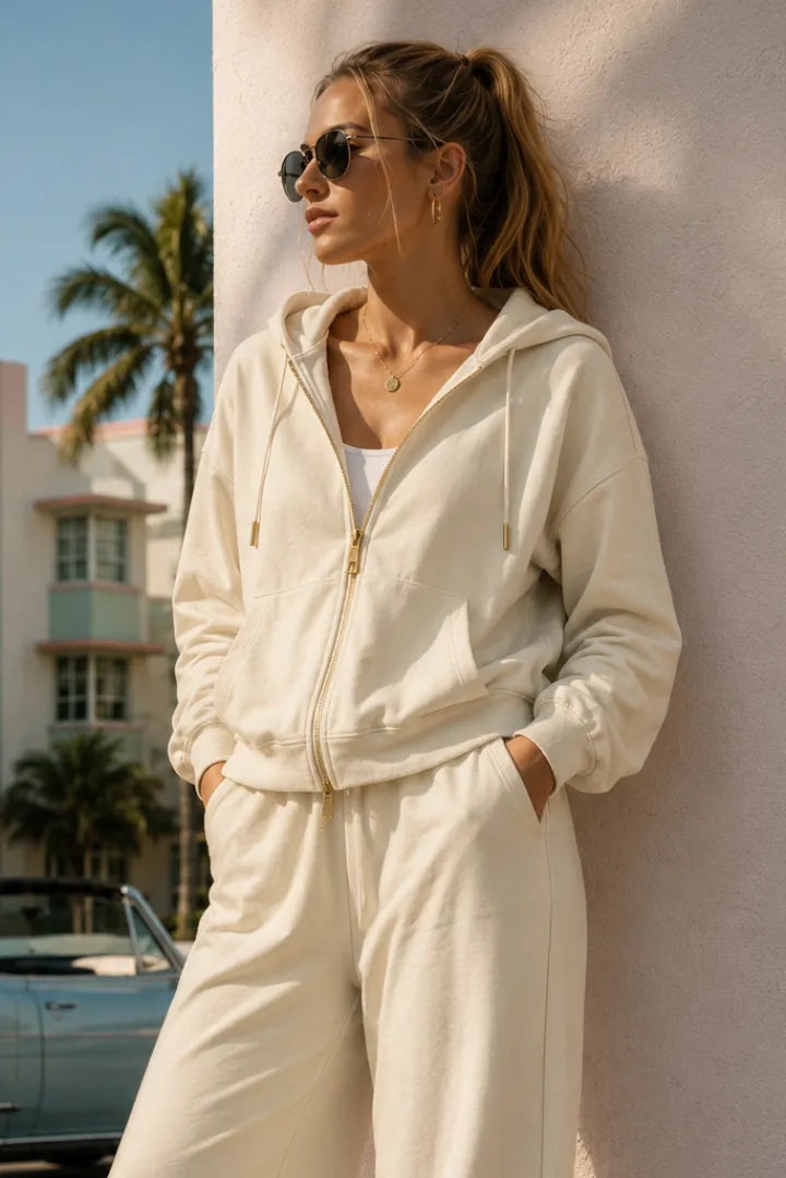 Sweat zippé Loungewear ALBA Ivoire - Coton