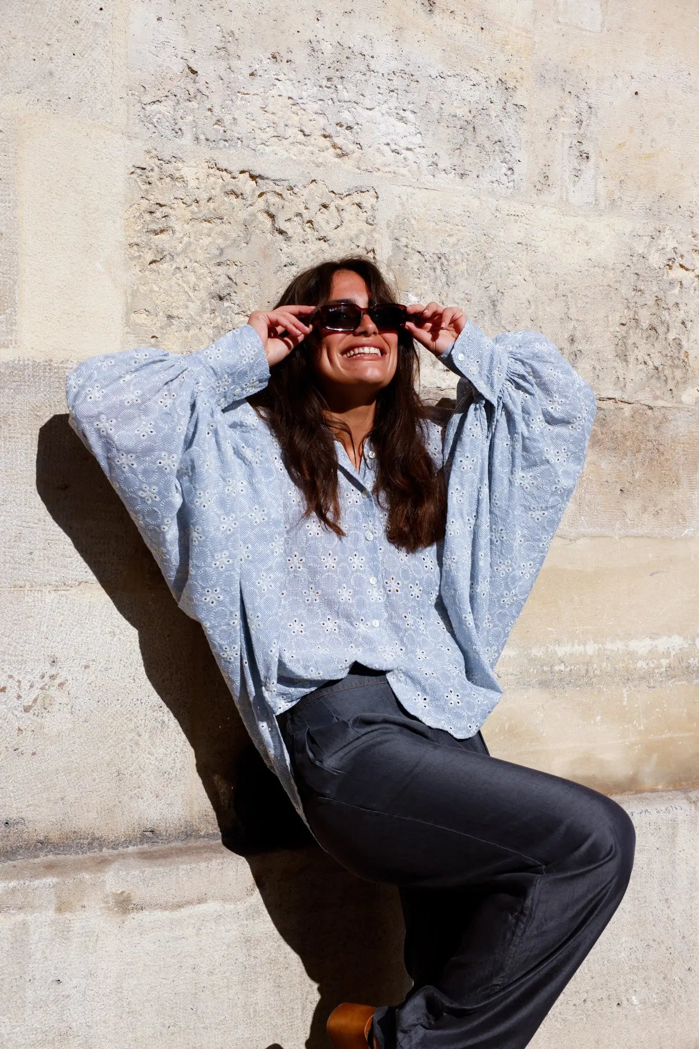 Chemise Brodée SATCHI Bleue ciel - Voile de coton