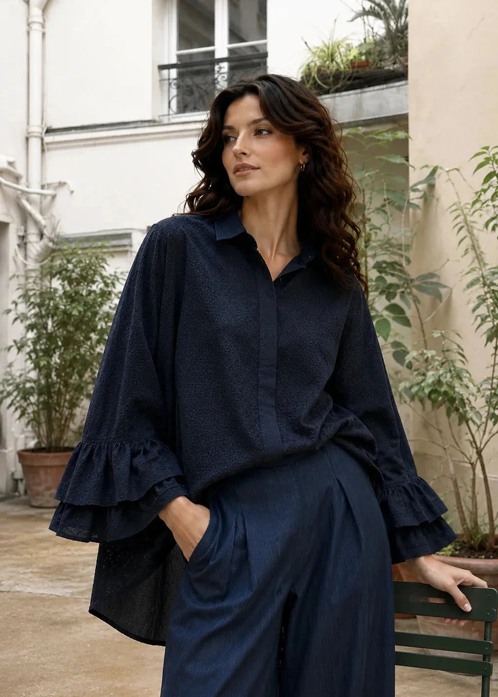 Navy  embroidered shirt with double ruffle sleeves 