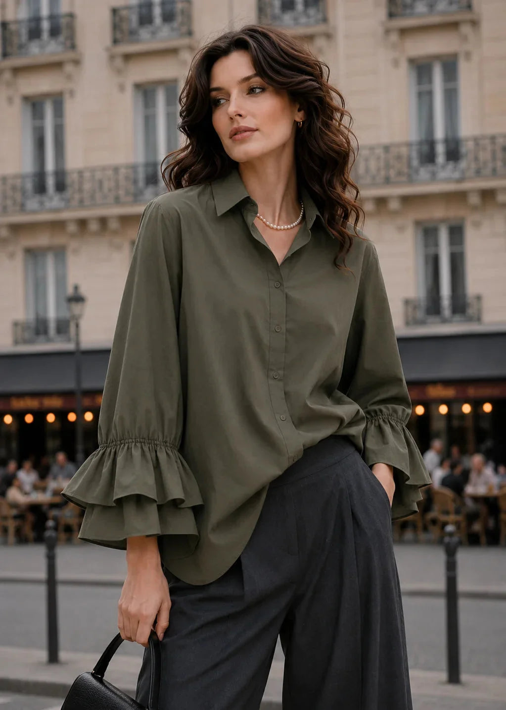 Kaki shirt with double ruffle sleeves