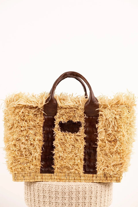 Sac ZOEY - Raphia naturel et cuir - Noir - HORTENCE