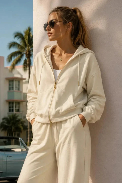 Sweat zippé Loungewear ALBA Ivoire - Coton