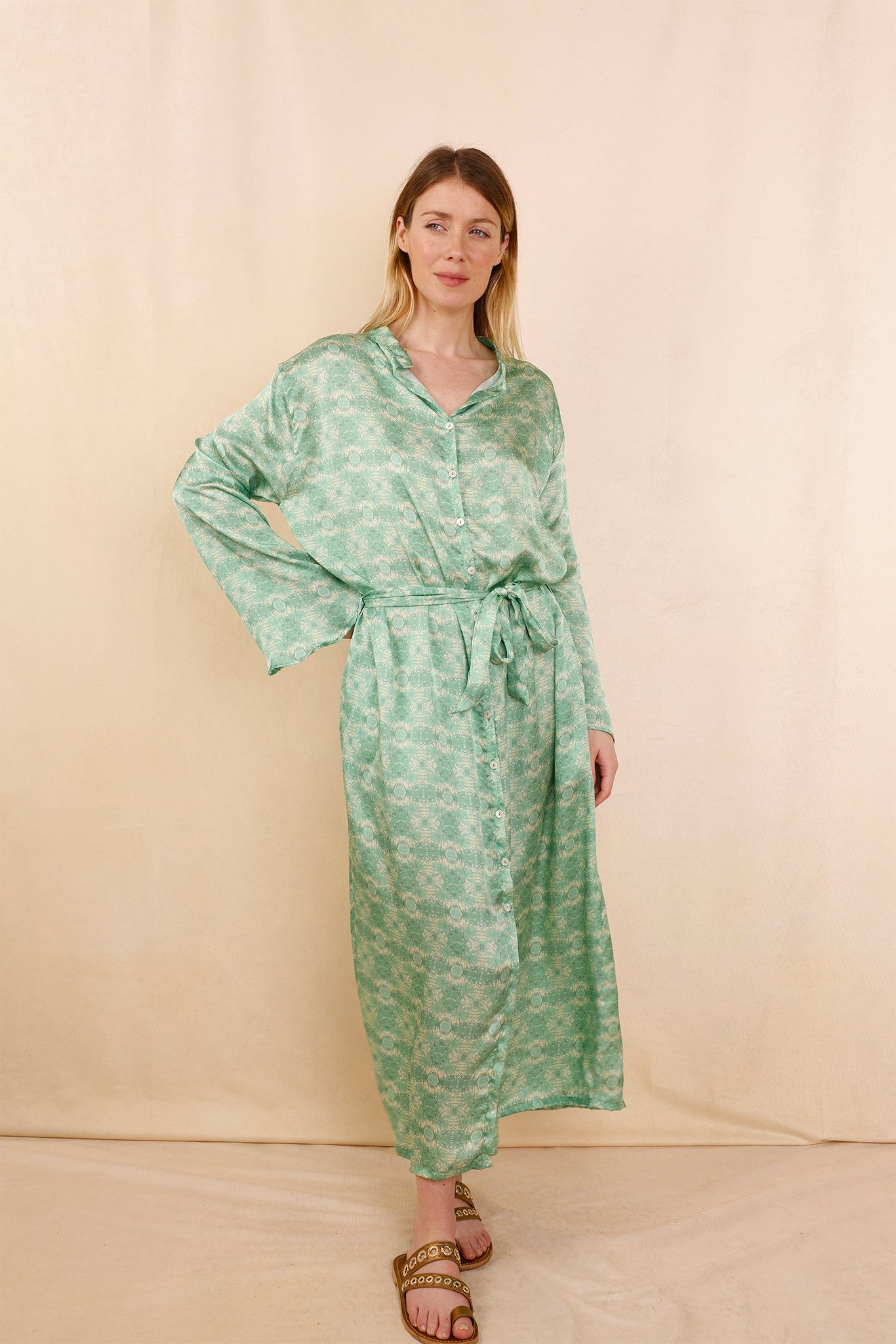 Robe - Kimono MONA green flowers - 100 % Soie - HORTENCE