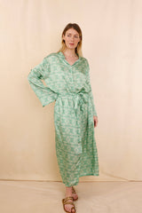 Robe - Kimono MONA green flowers - 100 % Soie - HORTENCE