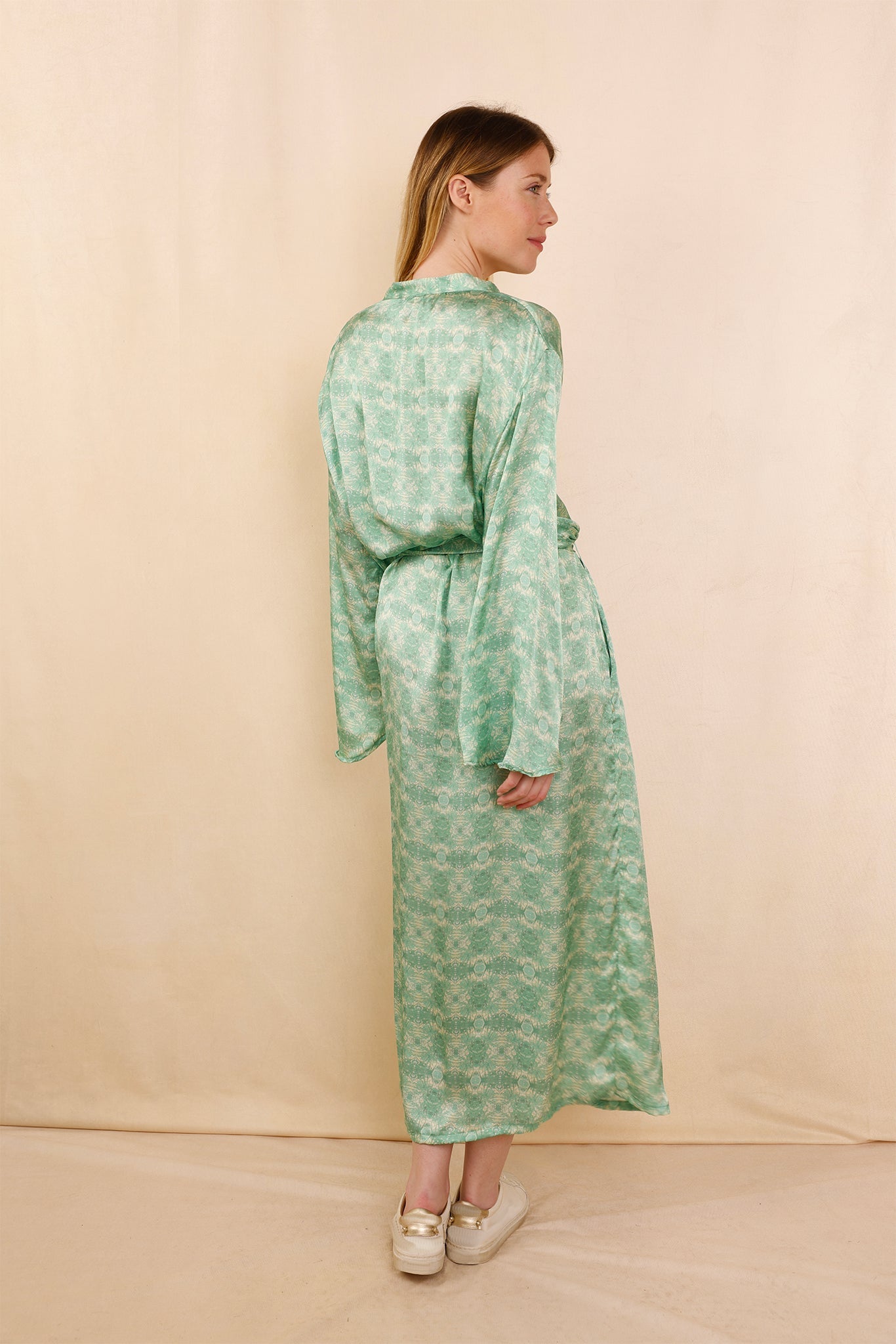 Robe - Kimono MONA green flowers - 100 % Soie - HORTENCE