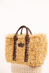 Sac ZOEY - Raphia naturel et cuir - Noir - HORTENCE