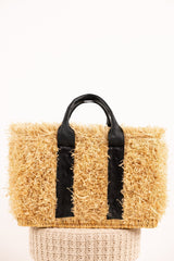 Sac ZOEY - Raphia naturel et cuir - Noir - HORTENCE