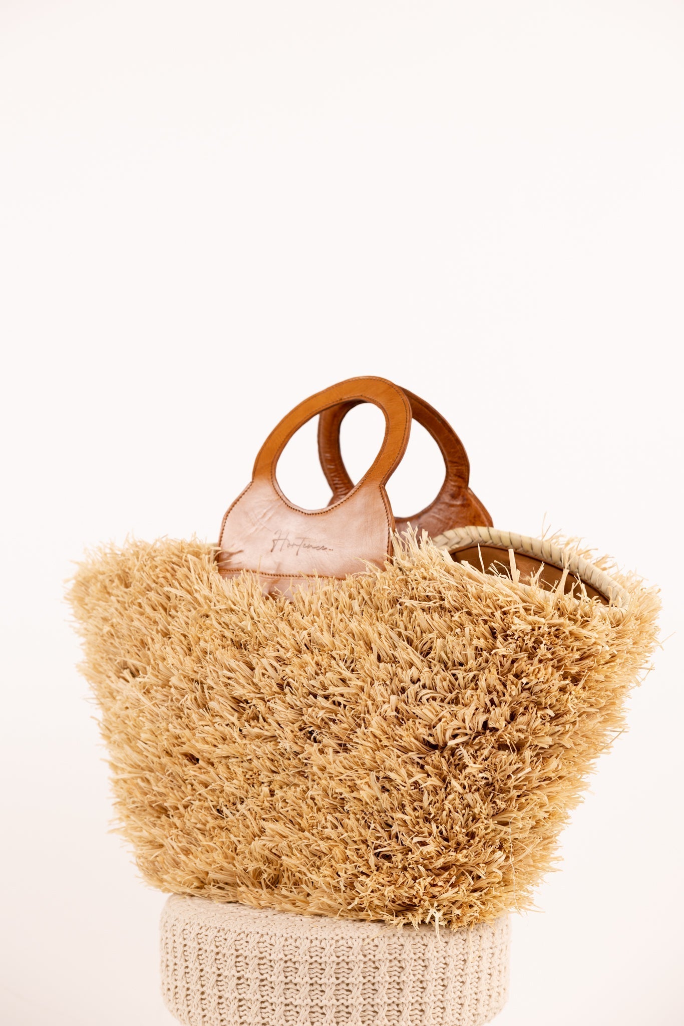 ROMY bag - Natural raffia and leather - Cognac